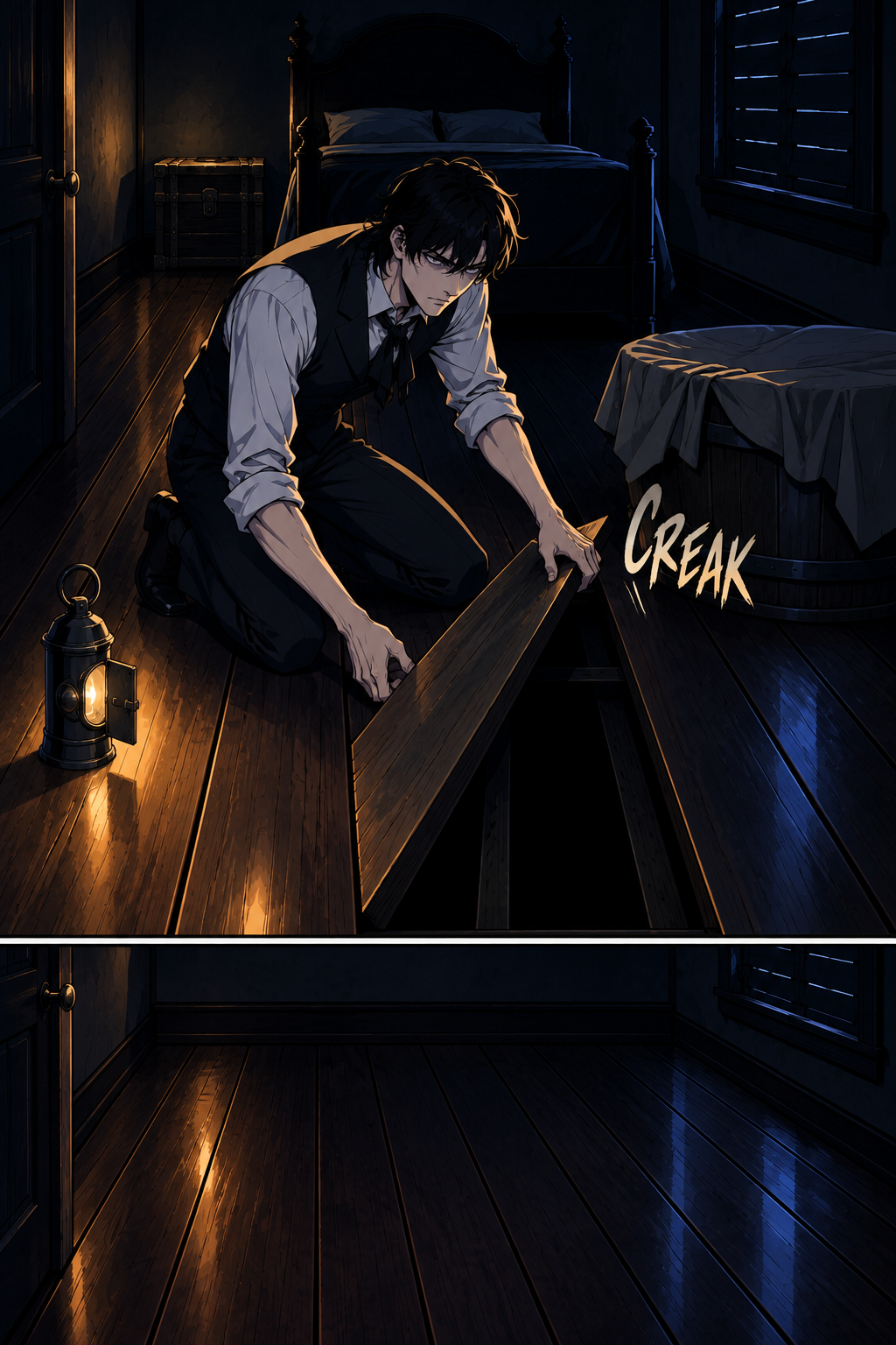 Concealment beneath the planks.