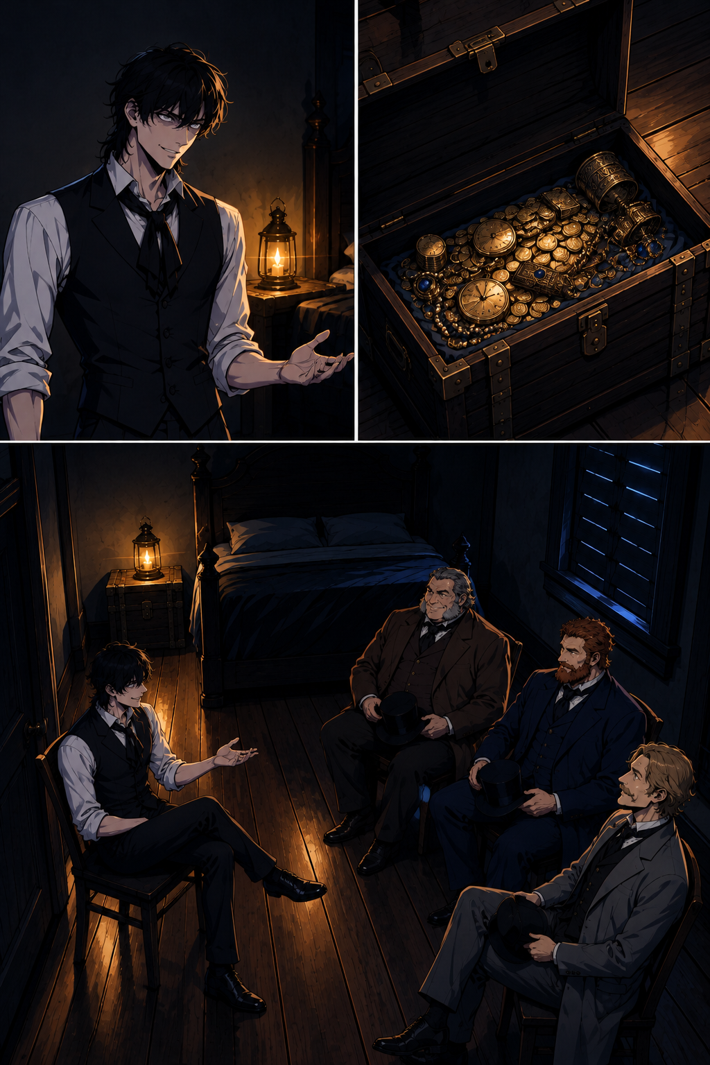 In the old man's chamber by candlelight, the narrator, at left, explains away the shriek to the three officers at right, shows them the old man's treasures and seats himself over the hidden corpse.