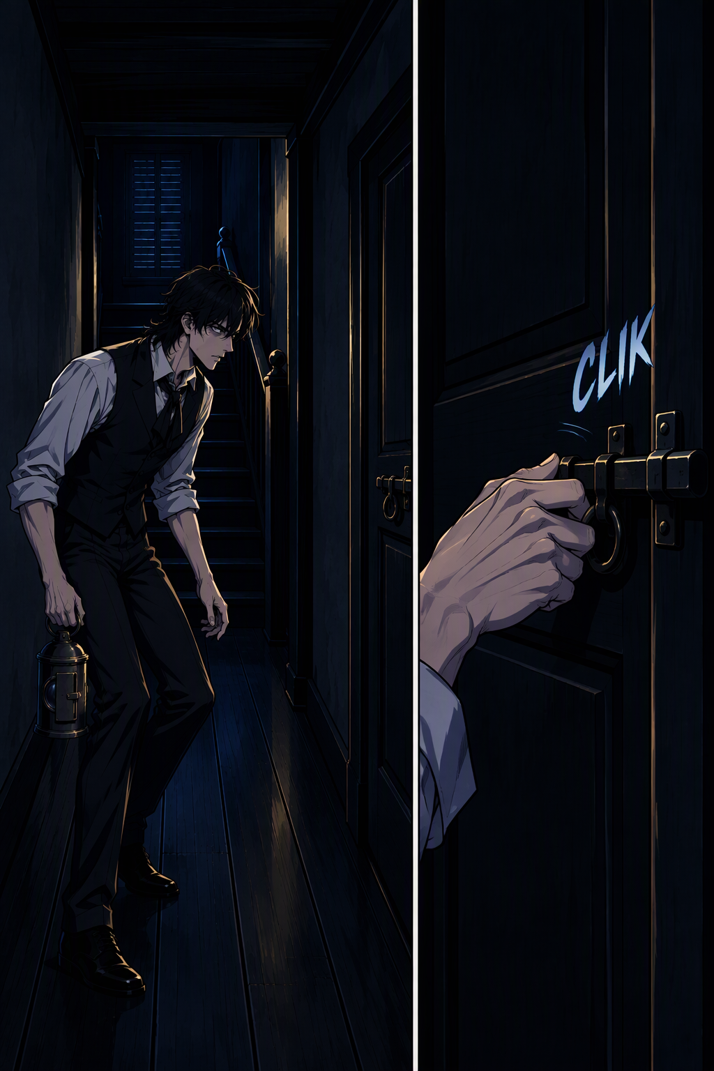 Midnight; the narrator creeps to the old man's door.