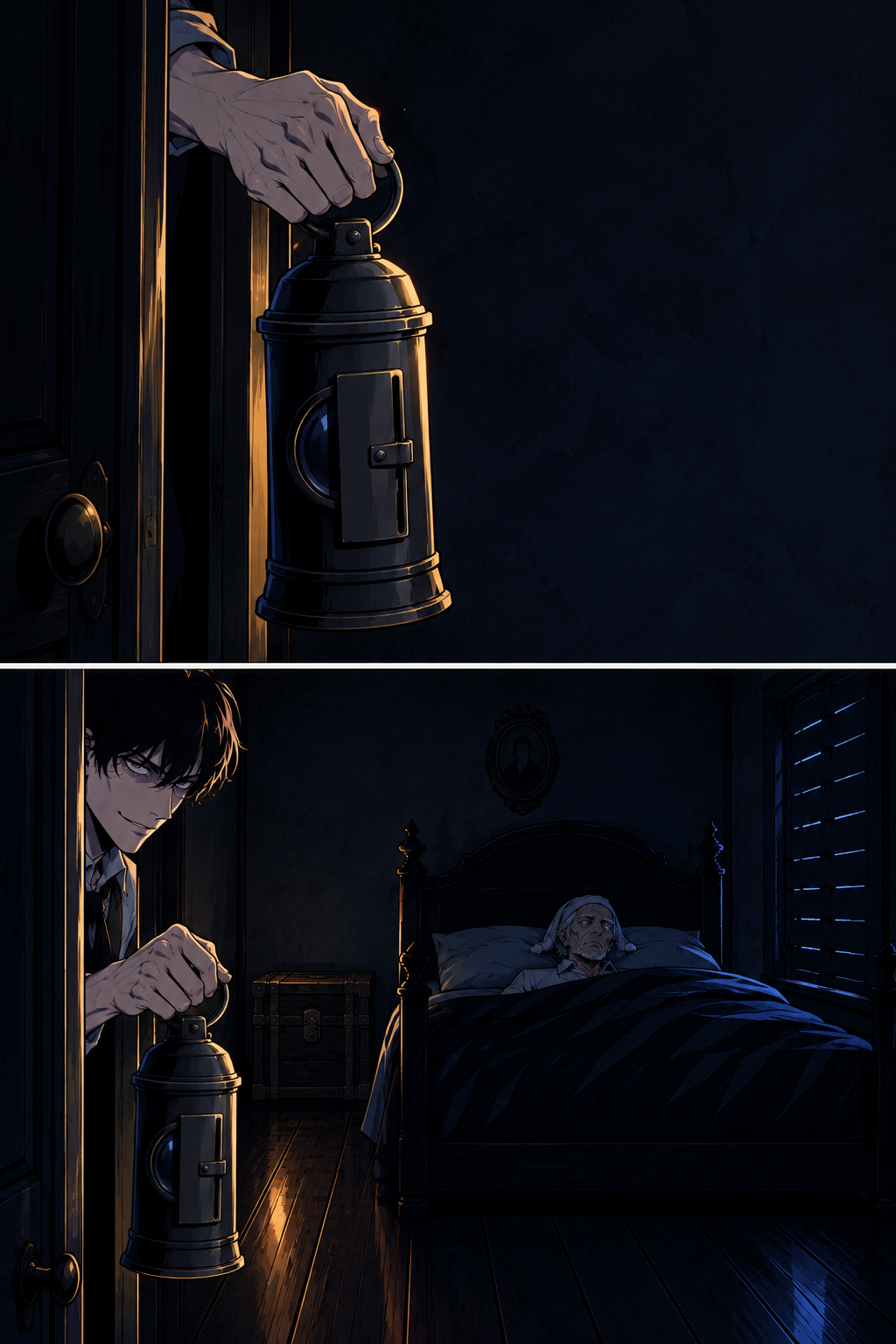 From inside the chamber: the narrator inches his lantern and head through the door.