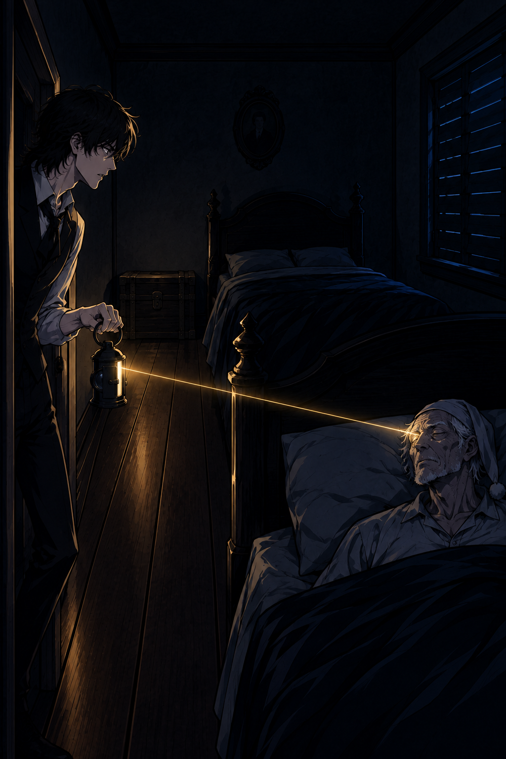 He opens the shutter a crack; the ray lands on the shut eye.
