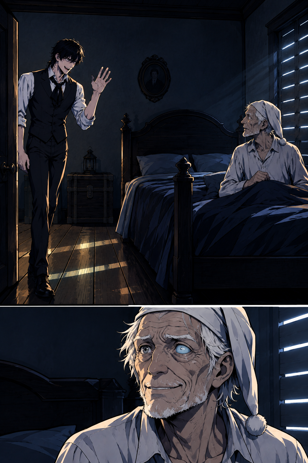Morning; the narrator greets the old man heartily.