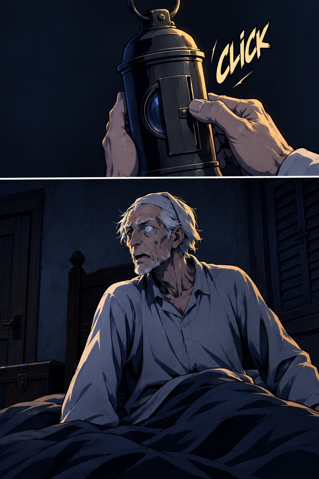 The thumb slips; the old man sits up.