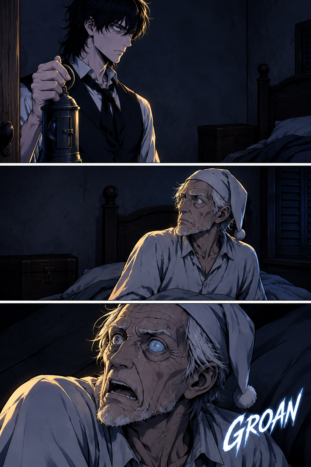 An hour of stillness; the old man groans in terror.
