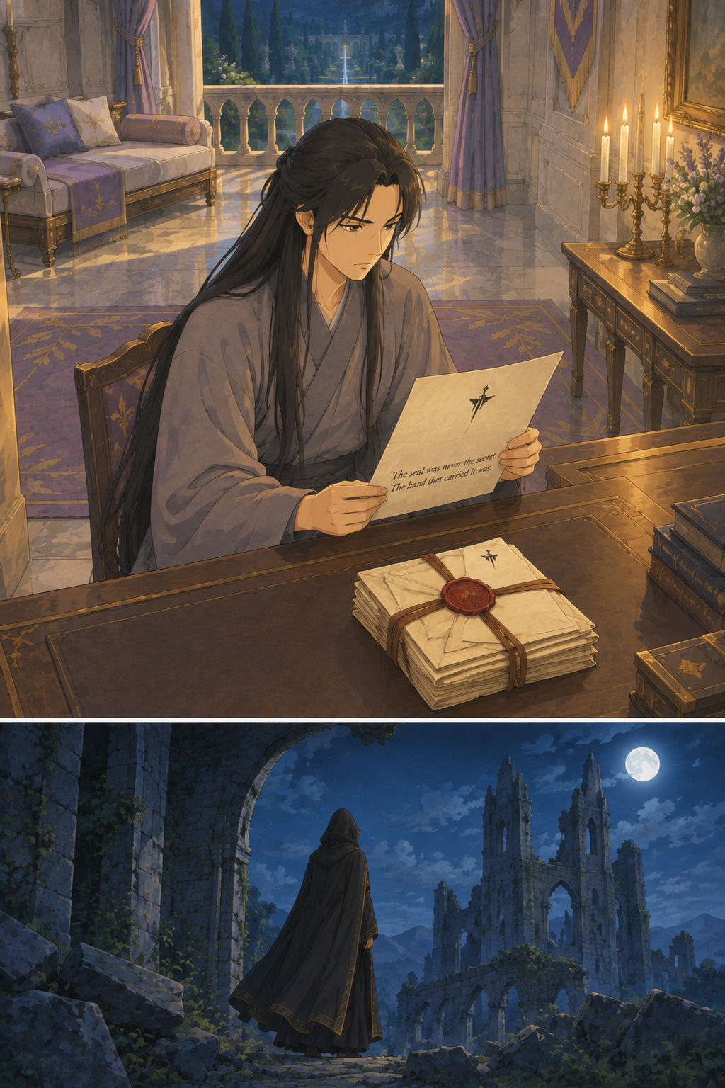 Kesh reads the official's letter; far away a figure moves in the ruins.