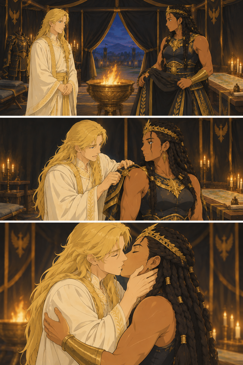 Evening in the pavilion; Doge helps Domina out of her armour and they kiss.
