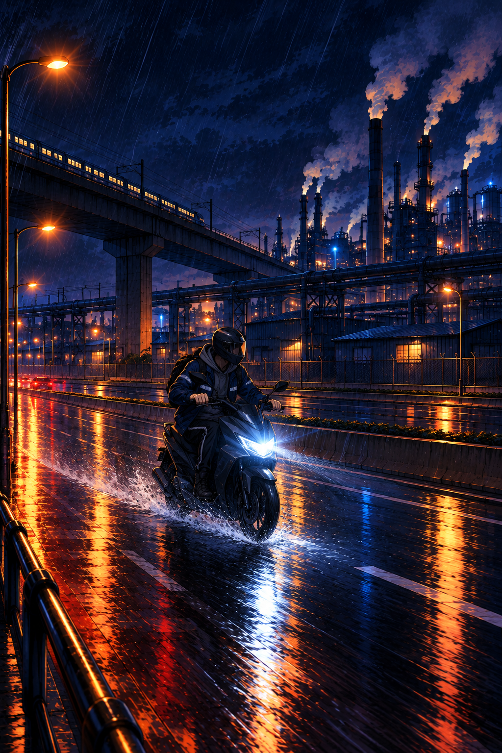 Night, the Iron District arterial. Doyun rides east through heavy rain under the elevated rail viaduct, past the factory stacks, on his way to a pickup address he has never been sent to before.