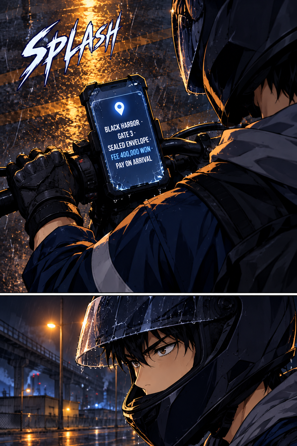 Under a sodium lamp at the roadside, Doyun slows to read a new order on the phone clamped to his handlebar. The address is Black Harbor, and the fee is four hundred thousand won for one sealed envelope.