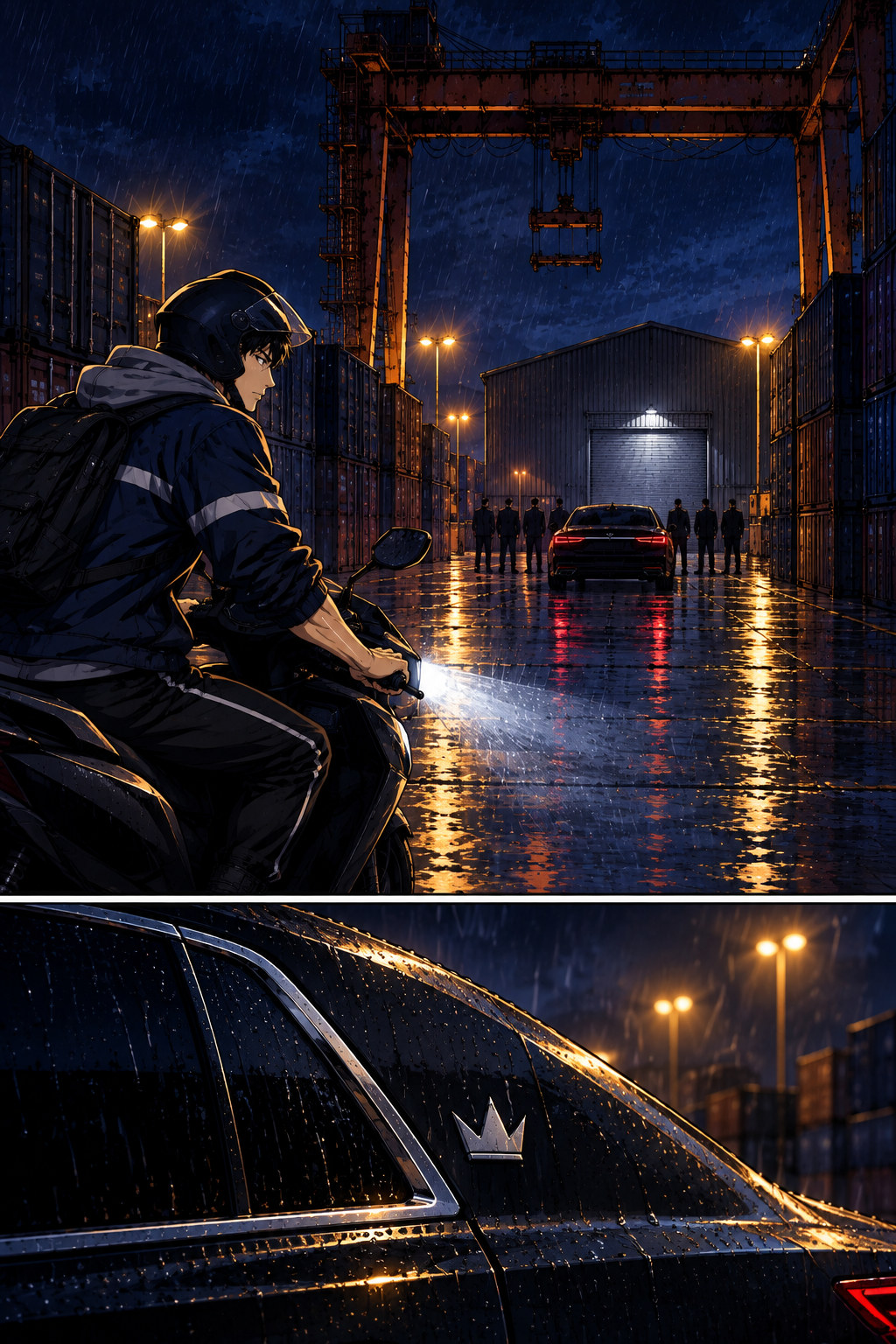 Doyun rides the container rows toward the warehouse, past the crane legs. Up close, the sedan's paint is matte black and there is a small silver emblem on the rear pillar.