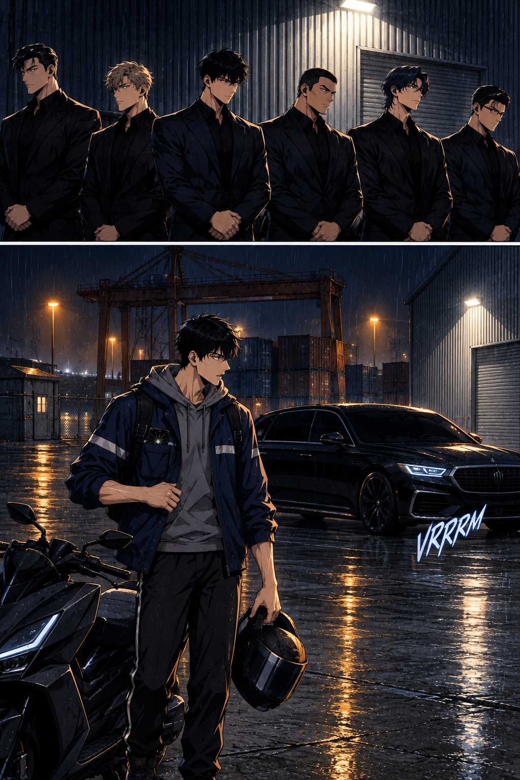 Doyun stops the scooter short of the door and gets off. The six men do not move and do not speak. Nobody has told him where to put the envelope.