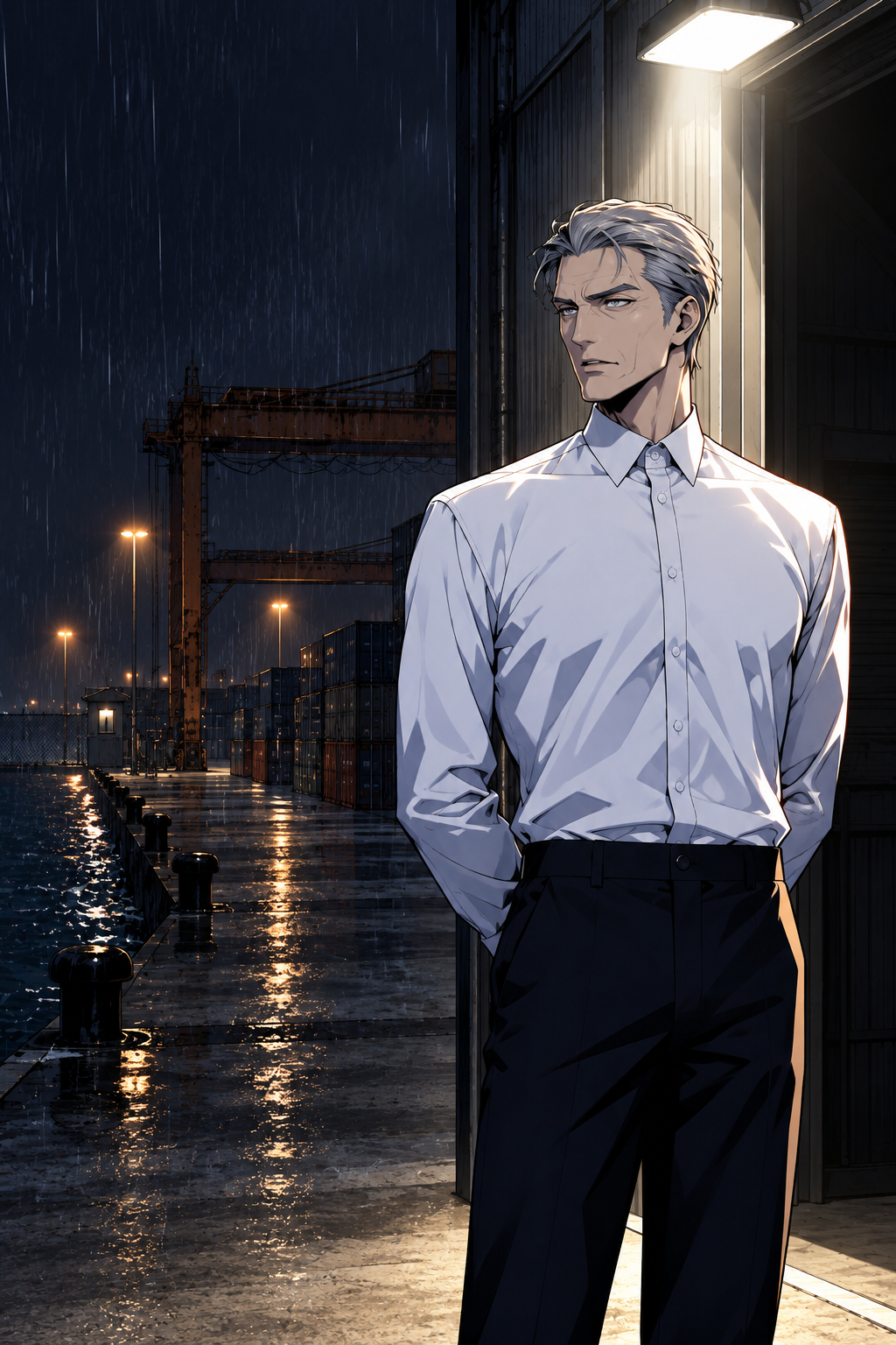 First appearance of the man in the white shirt. He comes out of the warehouse doorway into the door lamp's light and stops, hands behind his back, and speaks to Doyun without raising his voice.