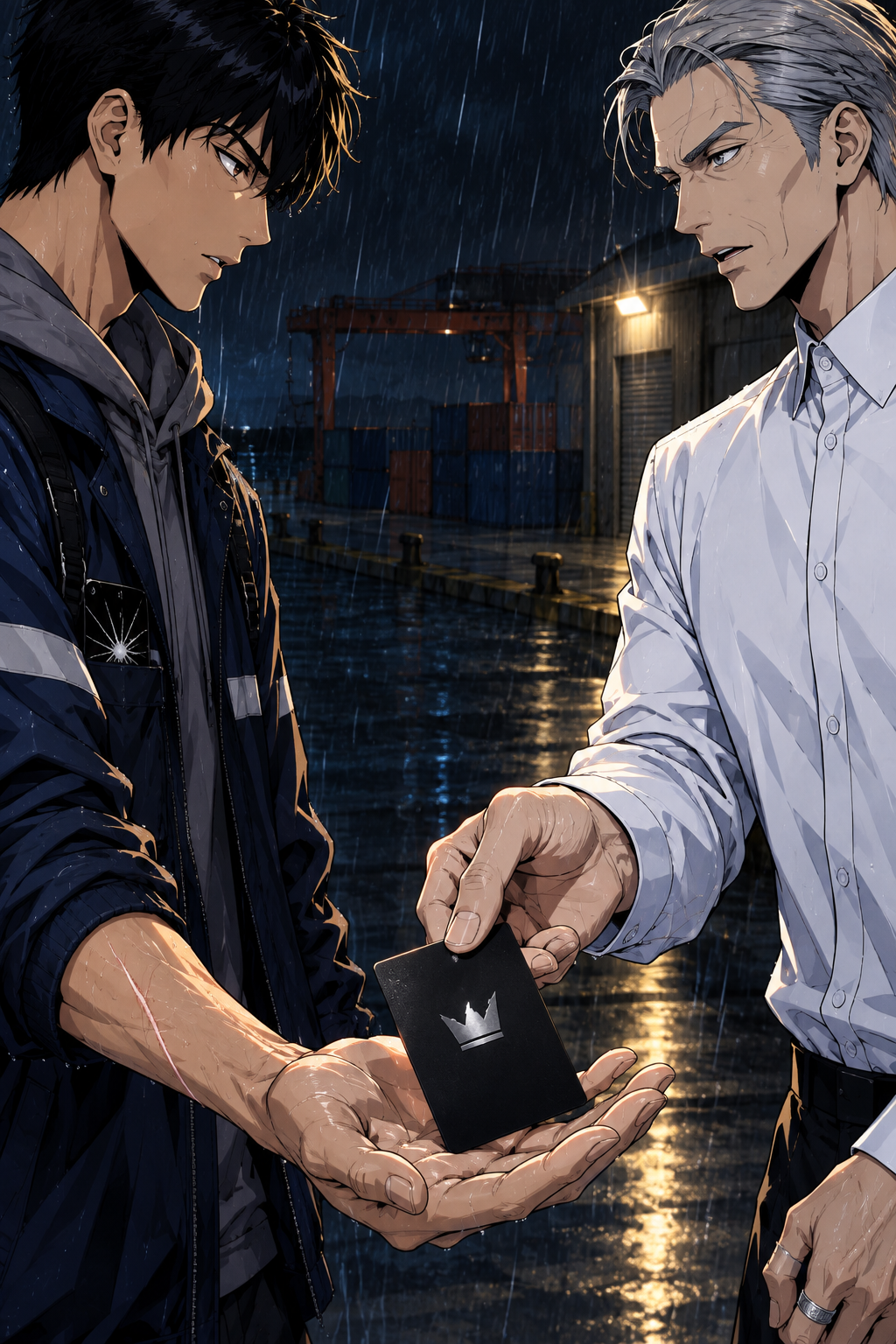 Instead of cash, Mujin sets a matte black card into Doyun's open palm: no printing on it, only an embossed silver crown with its top cut away catching the door lamp.