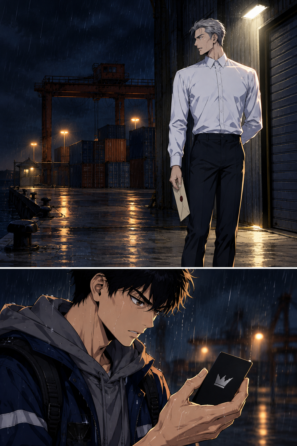 Doyun says the card is not money. Mujin tells him it is worth more than money and costs more too, and turns back toward the warehouse with the sealed envelope in one hand.