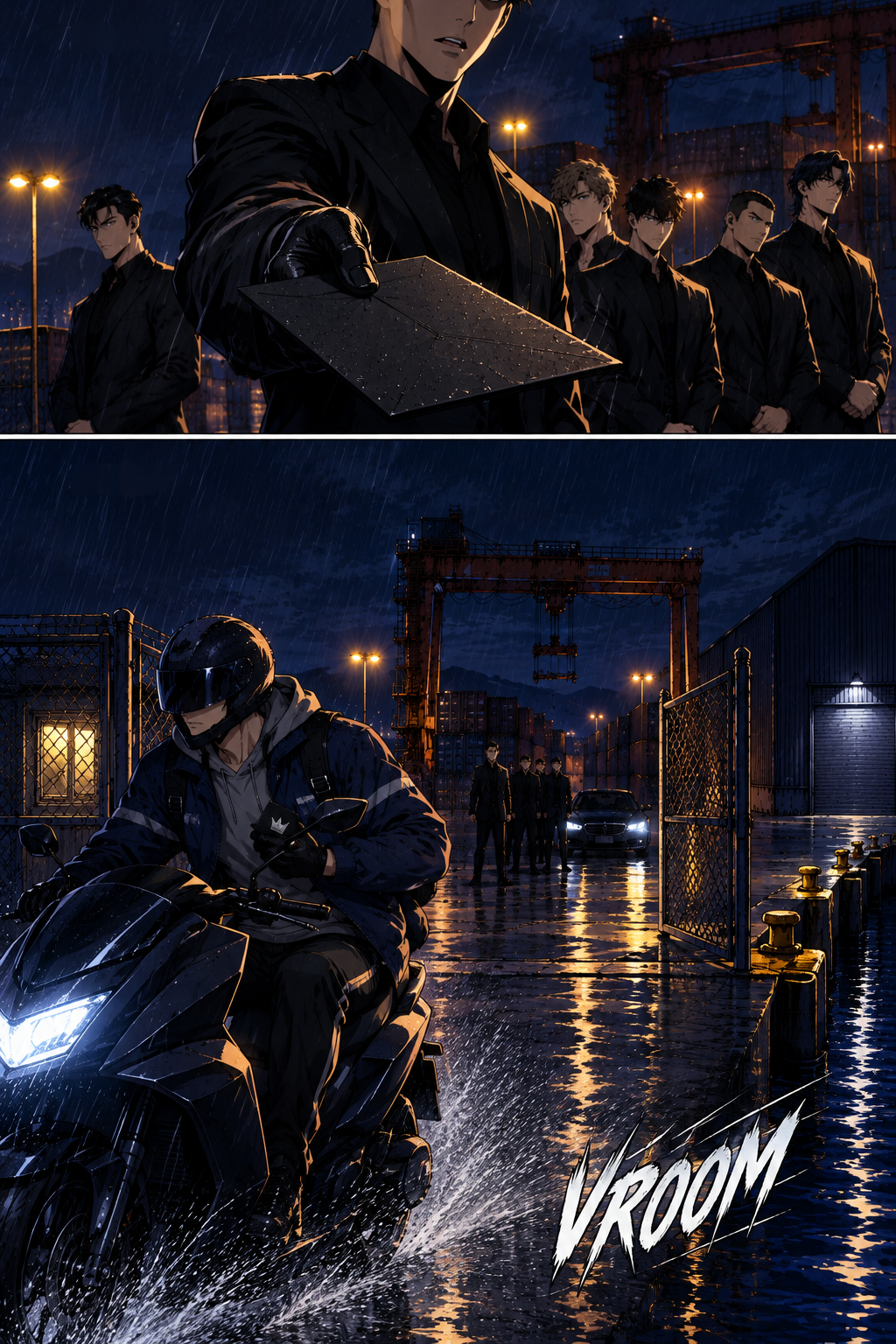 One of the men steps out of the line and holds out a plain black envelope for the fee. Doyun takes it, gets back on the scooter and rides out through the chain-link gate without looking back at the warehouse.