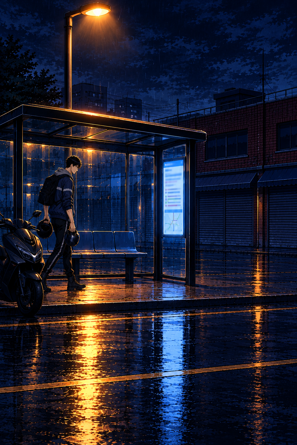 Doyun pulls up at an empty north-line bus shelter and kills the engine. The shelter is lit by one sodium lamp, the bench under the roof is dry, and the street behind is shuttered and shut for the night.