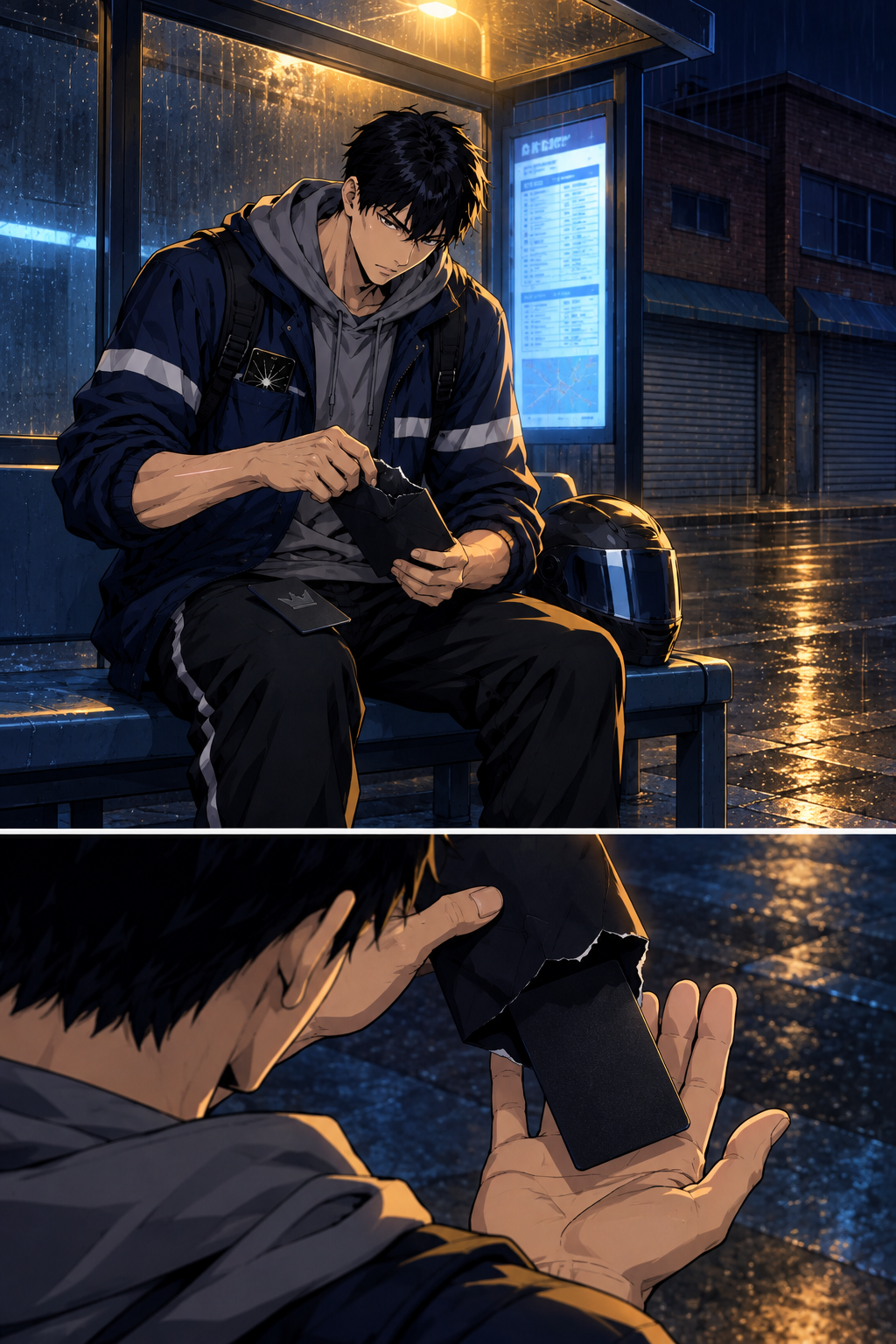 Doyun sits forward on the bench, tears the plain black envelope open with his thumb and tips it over his open palm. A card slides out face down onto his hand.