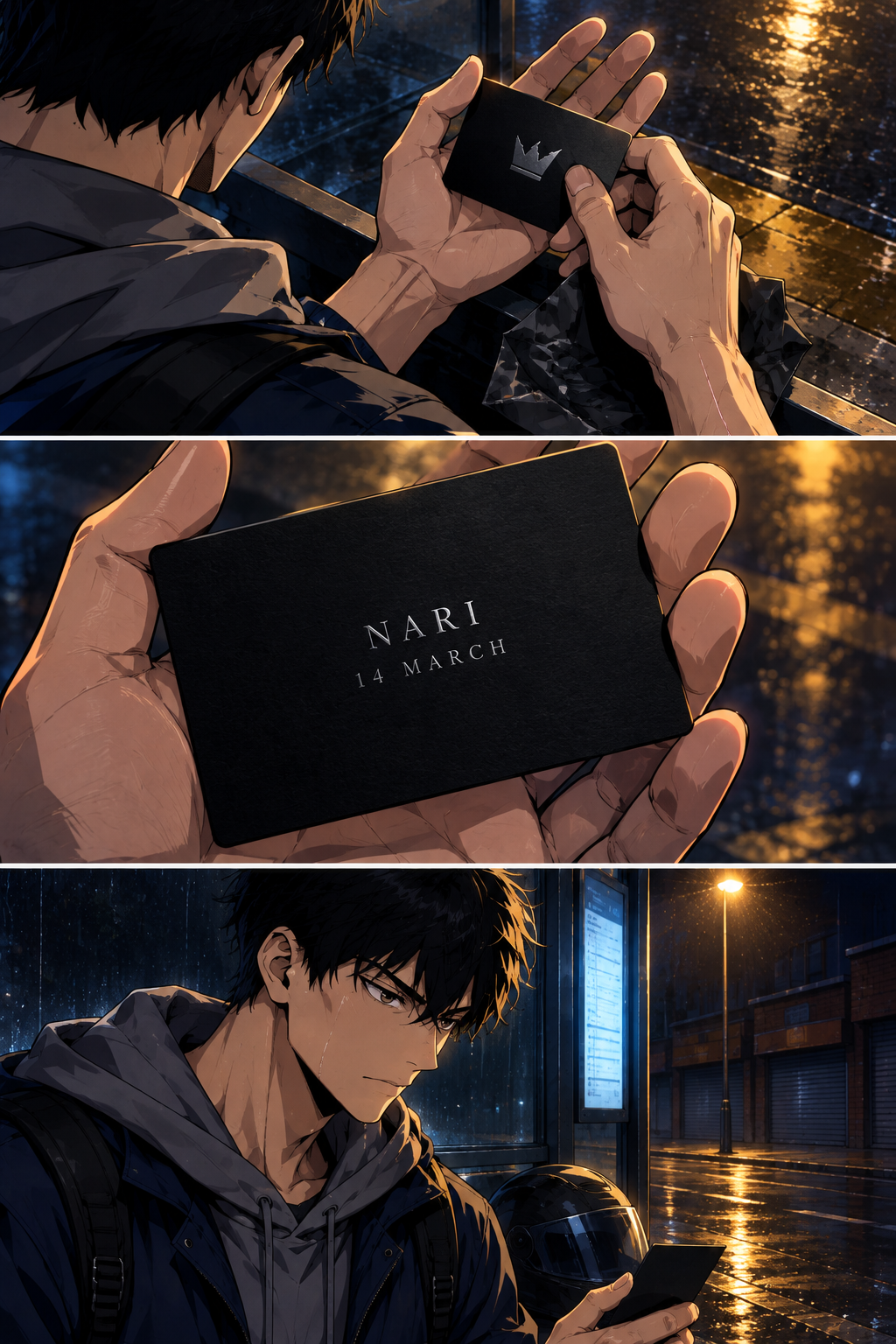 Doyun turns the card over. There is writing on it, in fine silver ink: his sister's name, and a date three days out. He goes completely still on the bench.