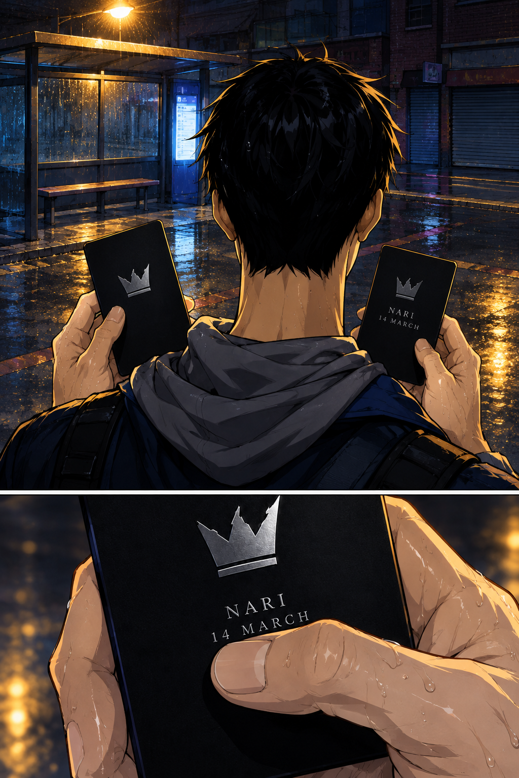 Doyun holds the two cards side by side: the blank one from the warehouse in his left hand, the written one in his right. He presses his thumb over the date as if checking that it is really printed there.