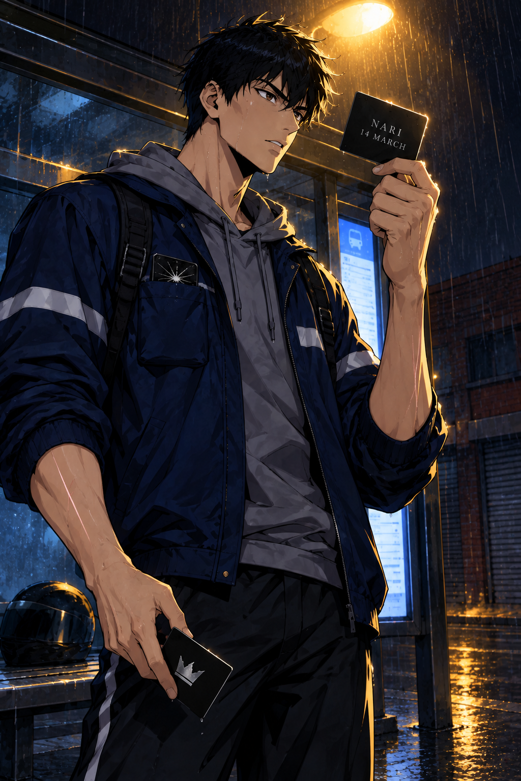 The chapter's last beat. Doyun stands under the sodium lamp with the written card held up in his right hand between his eyes and the light, the blank card in his left, drizzle running down his face. The name and the date on the card are leg