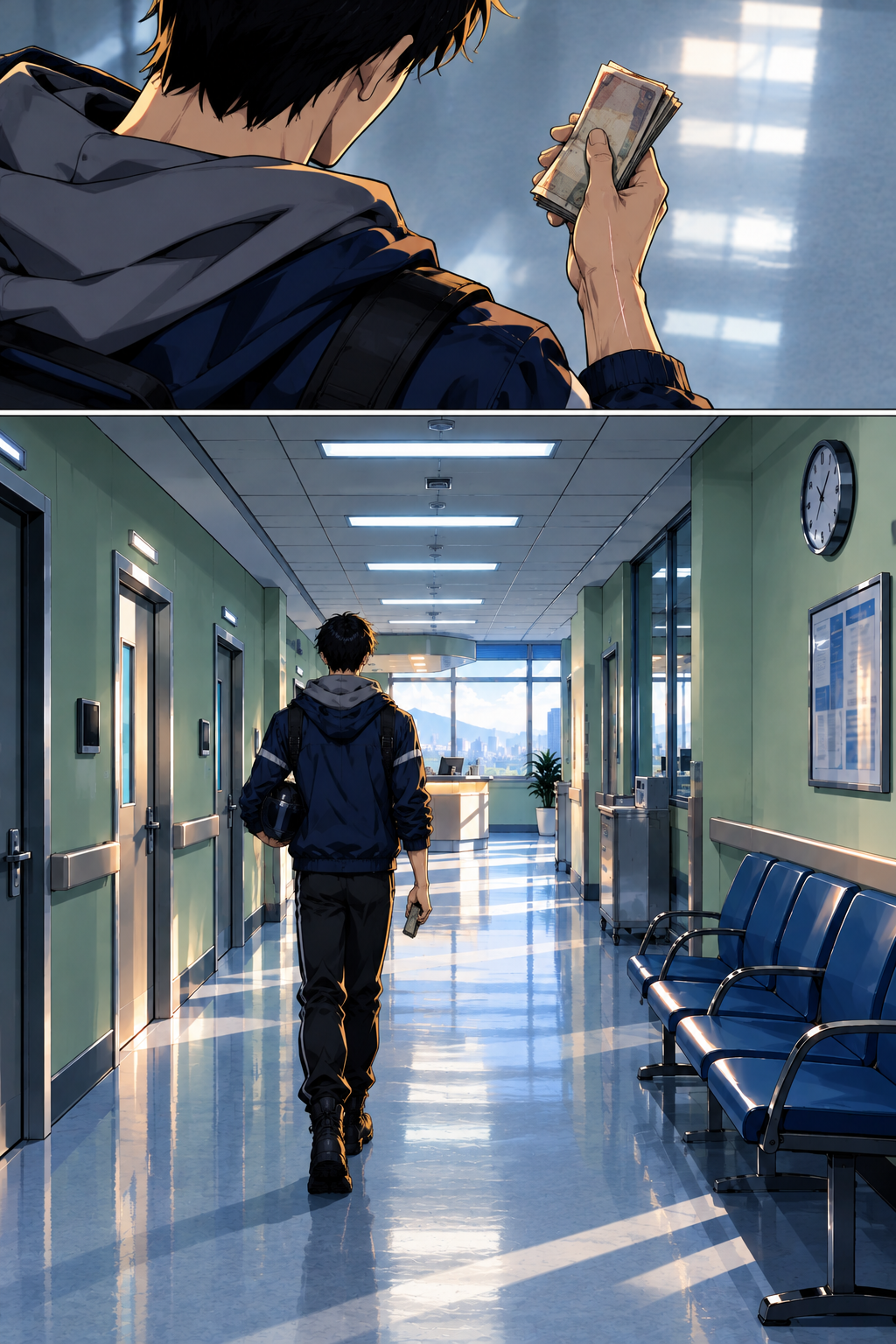 Morning, Ward 6. Doyun comes in off the street still in his rider jacket, helmet under one arm, a folded stack of worn notes in his hand, and walks the corridor toward the lit nurses' station at the far end. Nari's room is the second door o
