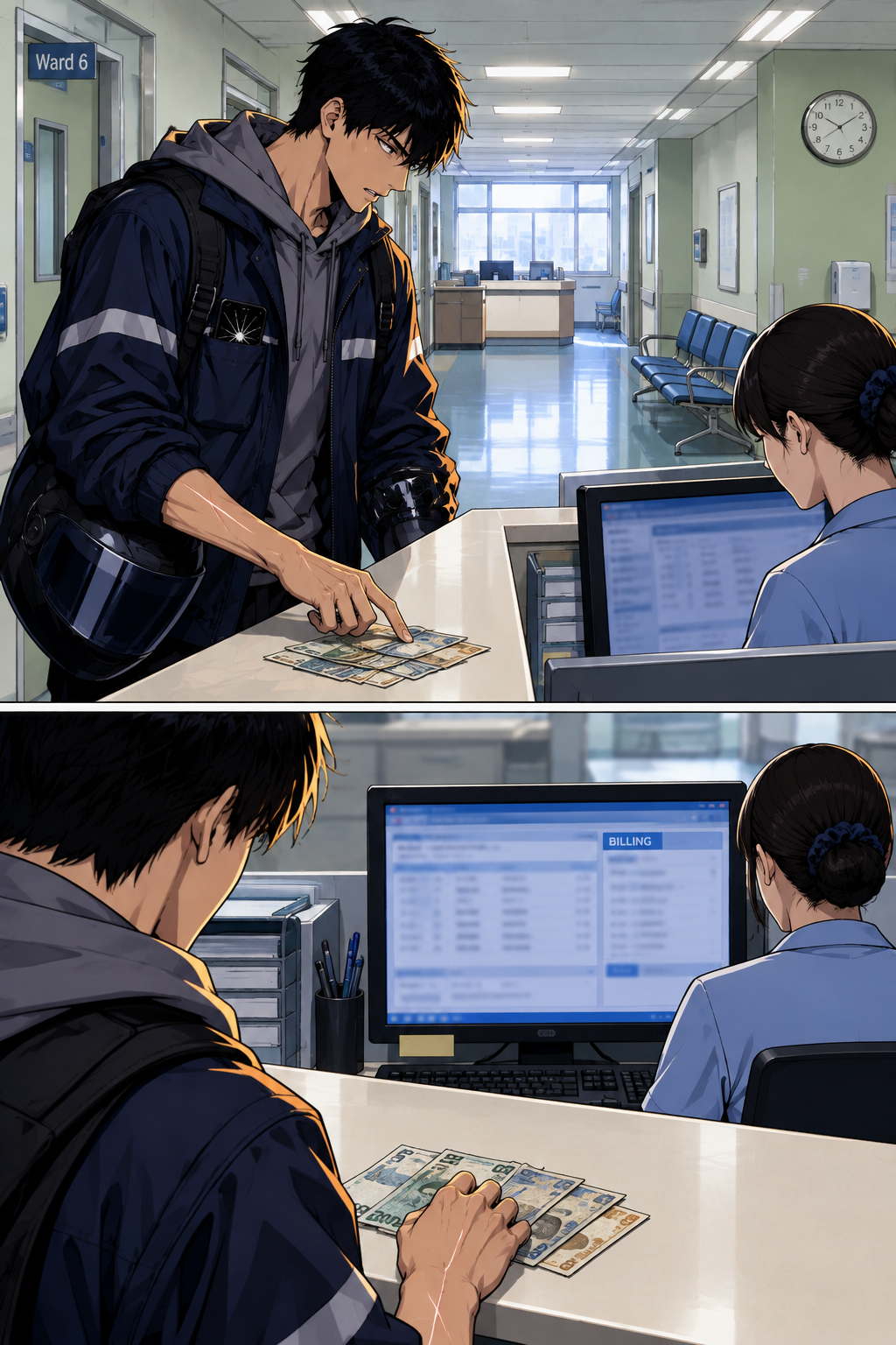 At the nurses' station counter. Doyun sets his notes down and counts them out flat with one finger. The ward clerk behind the counter keeps her eyes on her monitor instead of taking the money.
