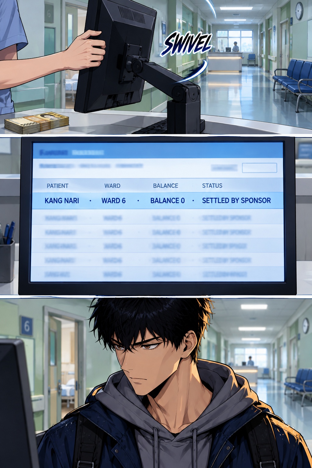 The clerk swings the monitor around on its arm so Doyun can read it. The account line says the balance is settled. Doyun reads it twice and does not move. Down the corridor behind him, Nari's door stands open.