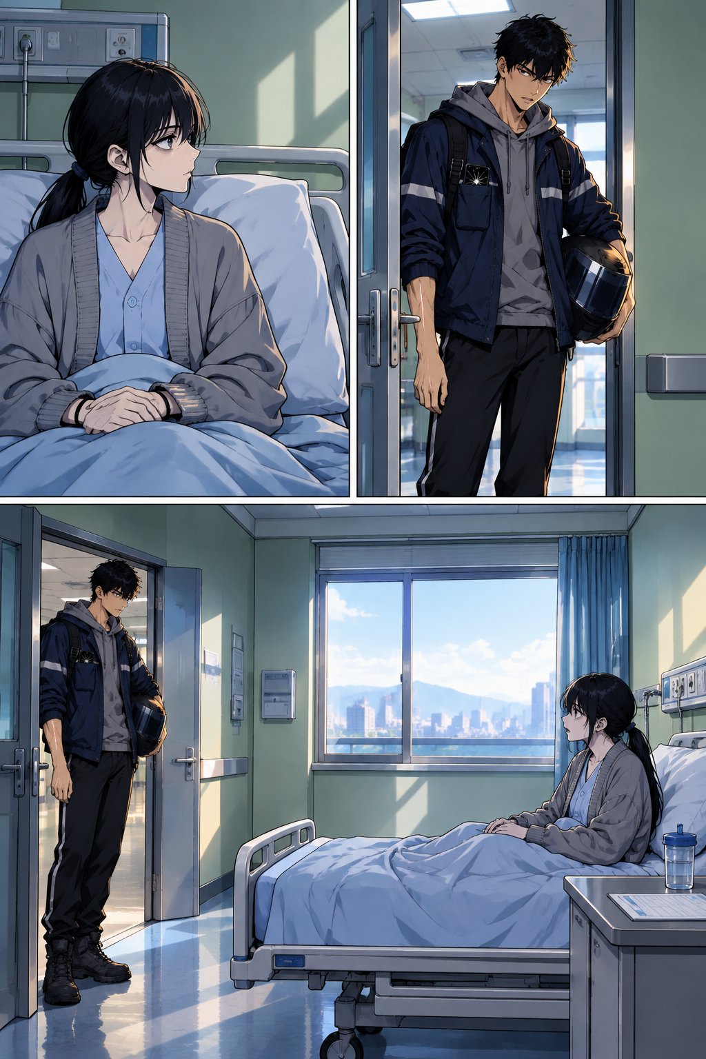 Nari's room, second door on the left. Nari sits up in the ward bed, grey cardigan over the gown, watching the doorway. Doyun stands in it with the monitor's words still on his face and does not step in.