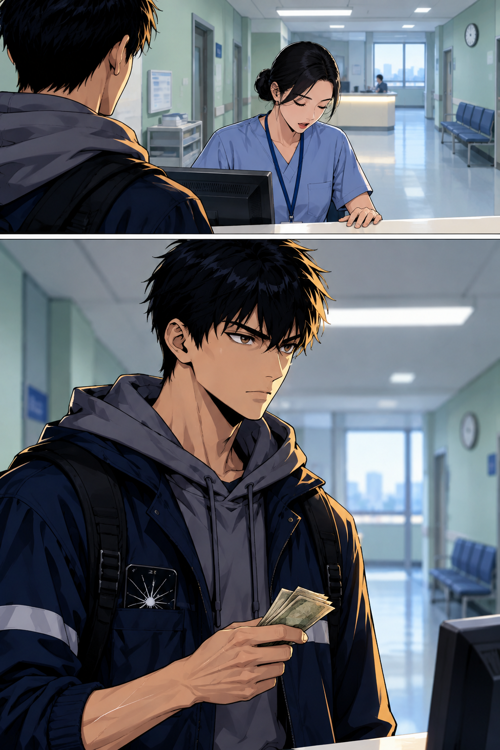 Back at the counter. Doyun asks who paid the bill. The clerk answers without ever looking up from her screen, and the notes go back into his hand, untaken.