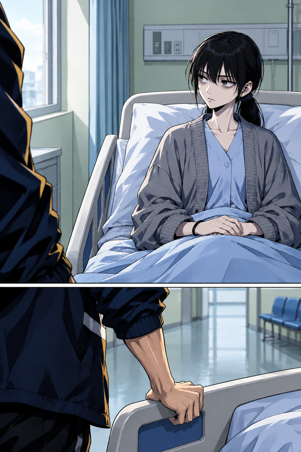 Back in Nari's room. Doyun tells her the bill is clear and does not tell her how. She watches him not telling her, and he grips the bed rail instead of answering.