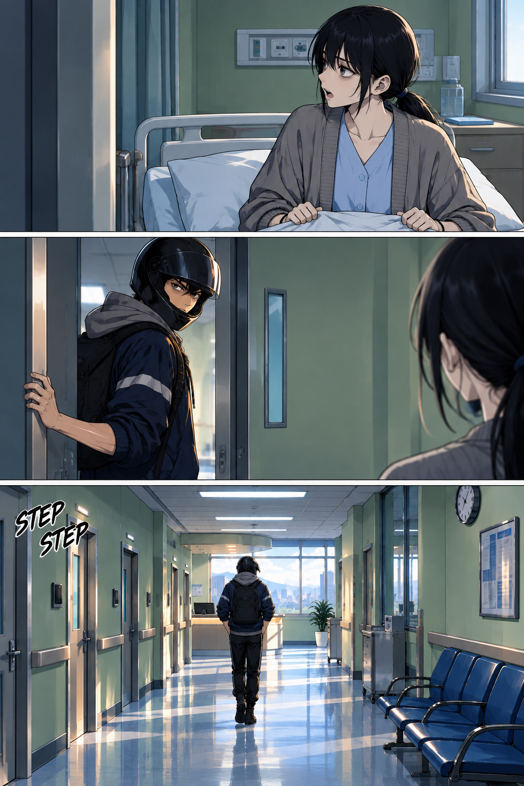 Doyun leaves for the night's runs. Nari calls after him from the bed; he answers from the doorway with his helmet back on and then walks the corridor out toward the nurses' station.