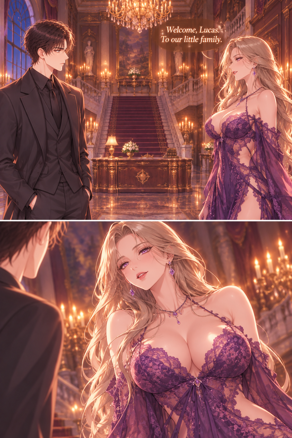 Isolde finally speaks, her voice smooth and alluring, setting the tone for their interaction.