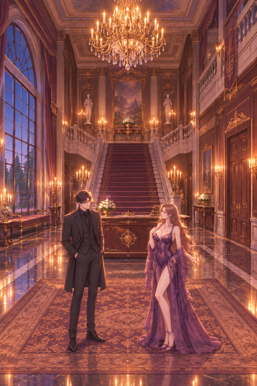 A wide shot that emphasizes the contrast between the immense, dark, formal setting and the vibrant, life-affirming presence of Isolde.