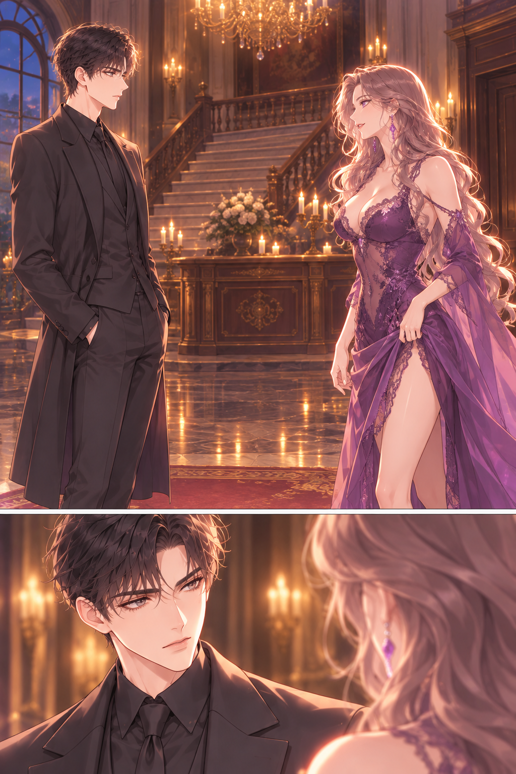 Isolde begins to move closer, her focus entirely on Lucas, as if he is the only thing worth looking at in this vast room.