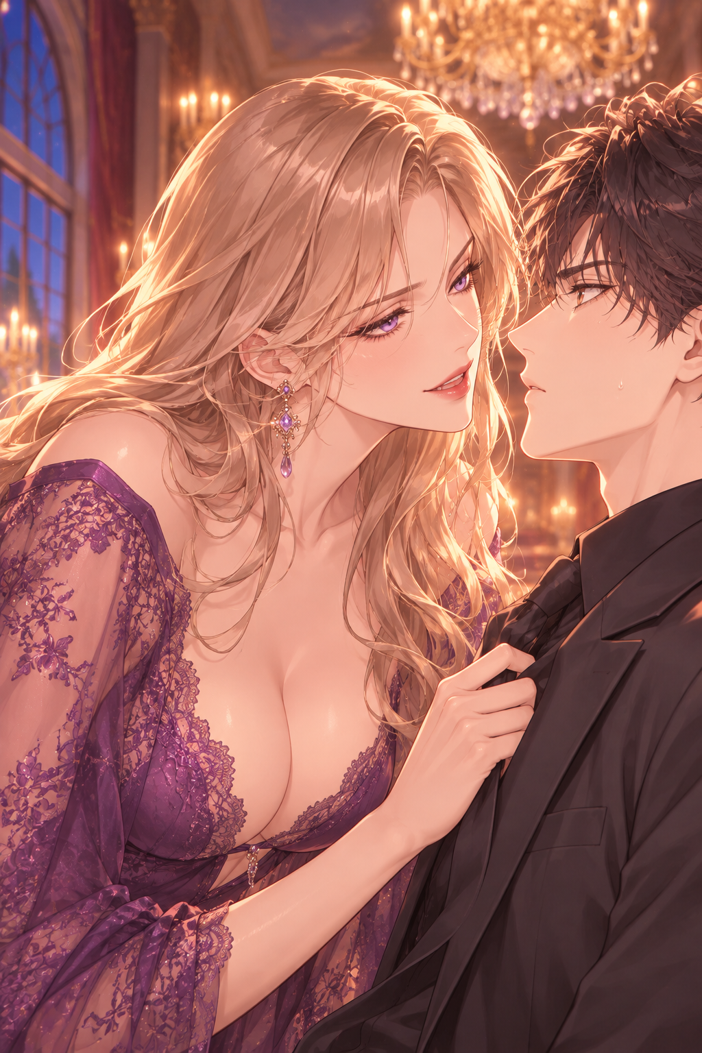 Isolde leans in close, her posture changing to one of absolute intimacy and dominance. She is right in his personal space, preparing to deliver her final, defining line.