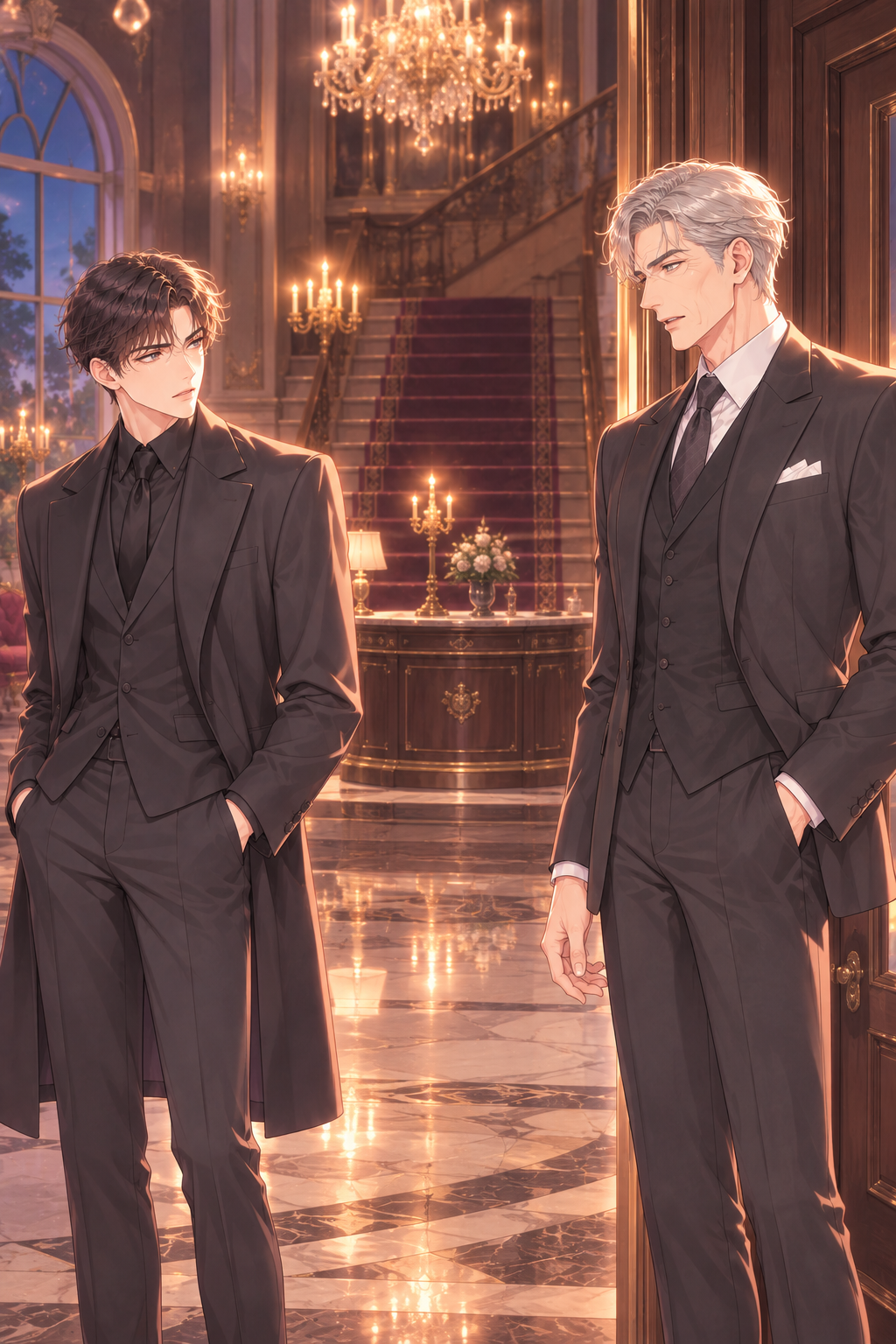 Victor emerges from the study, looking impeccably formal and slightly annoyed by the interruption.