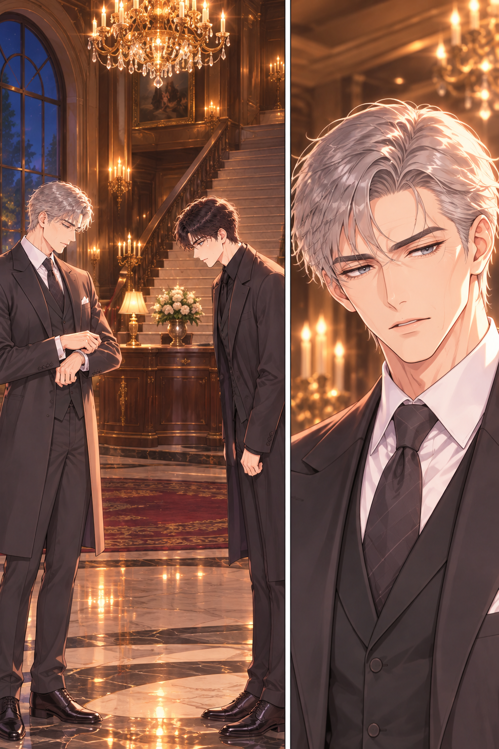 Lucas offers a polite but strained greeting while Victor acknowledges him with a brief, distracted nod.