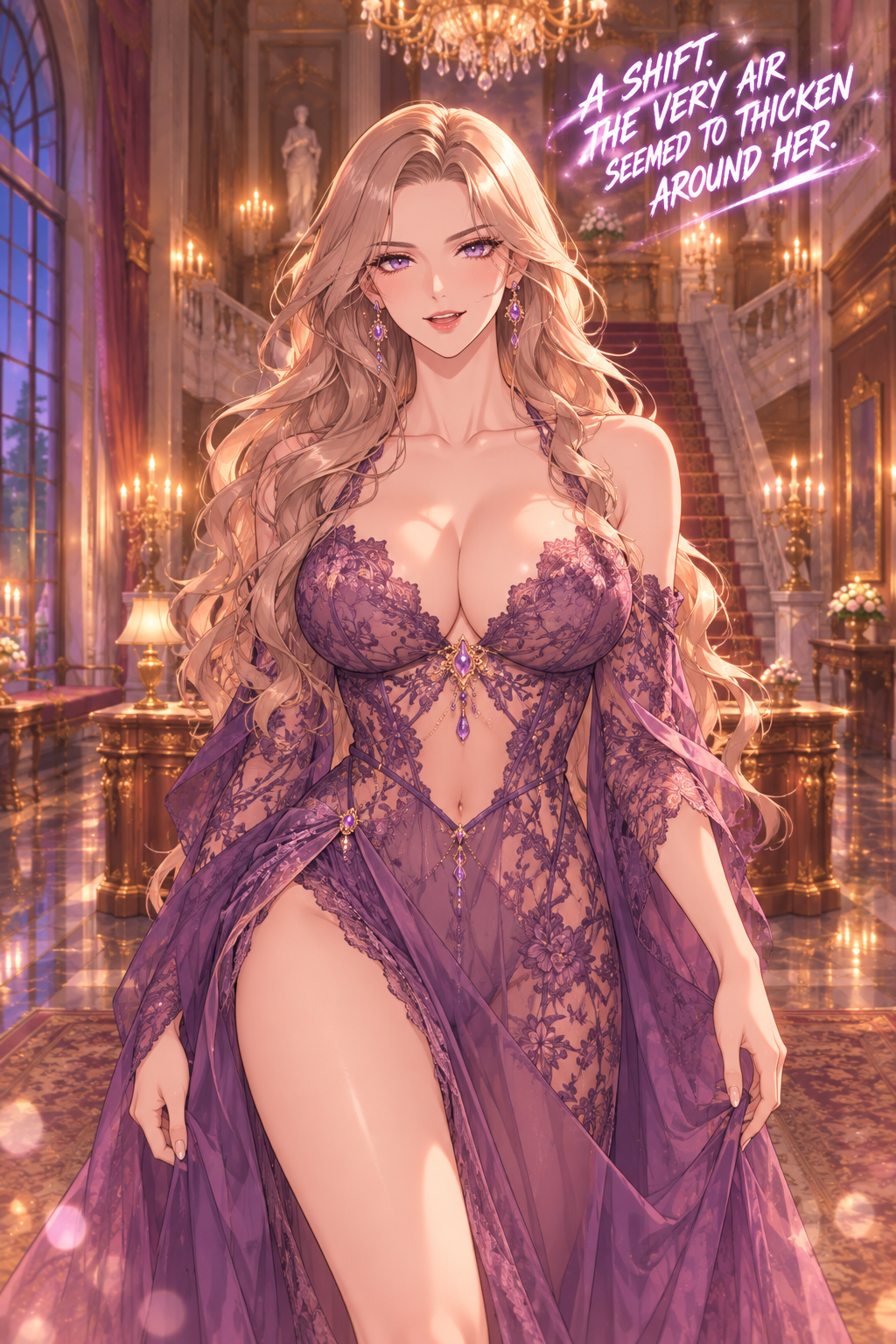 Isolde sweeps into the foyer, an immediate contrast to the dark, muted tones of the mansion. She is magnificent, commanding attention instantly.