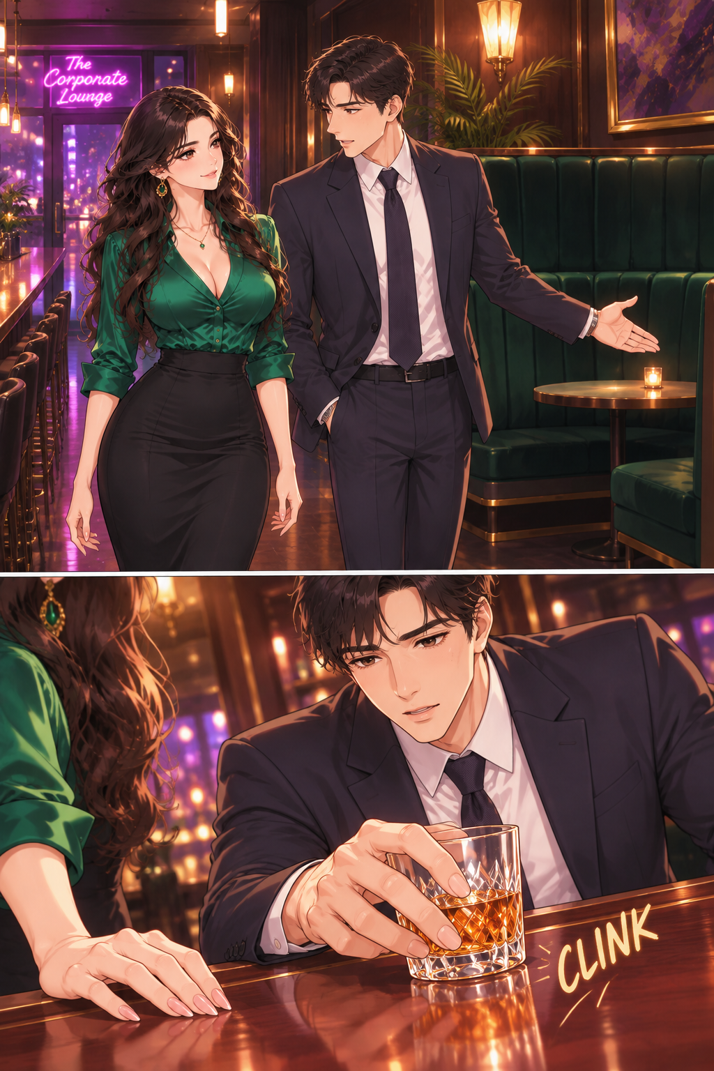 They move from the entrance to a small, secluded booth at the bar. The conversation shifts from professional to personal.