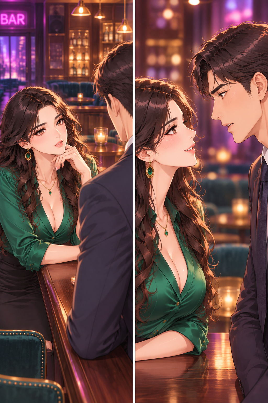 Arjun leans forward, lowering his voice, seeking a deeper connection beneath the professional façade. Mariya responds with a subtle, knowing smile.