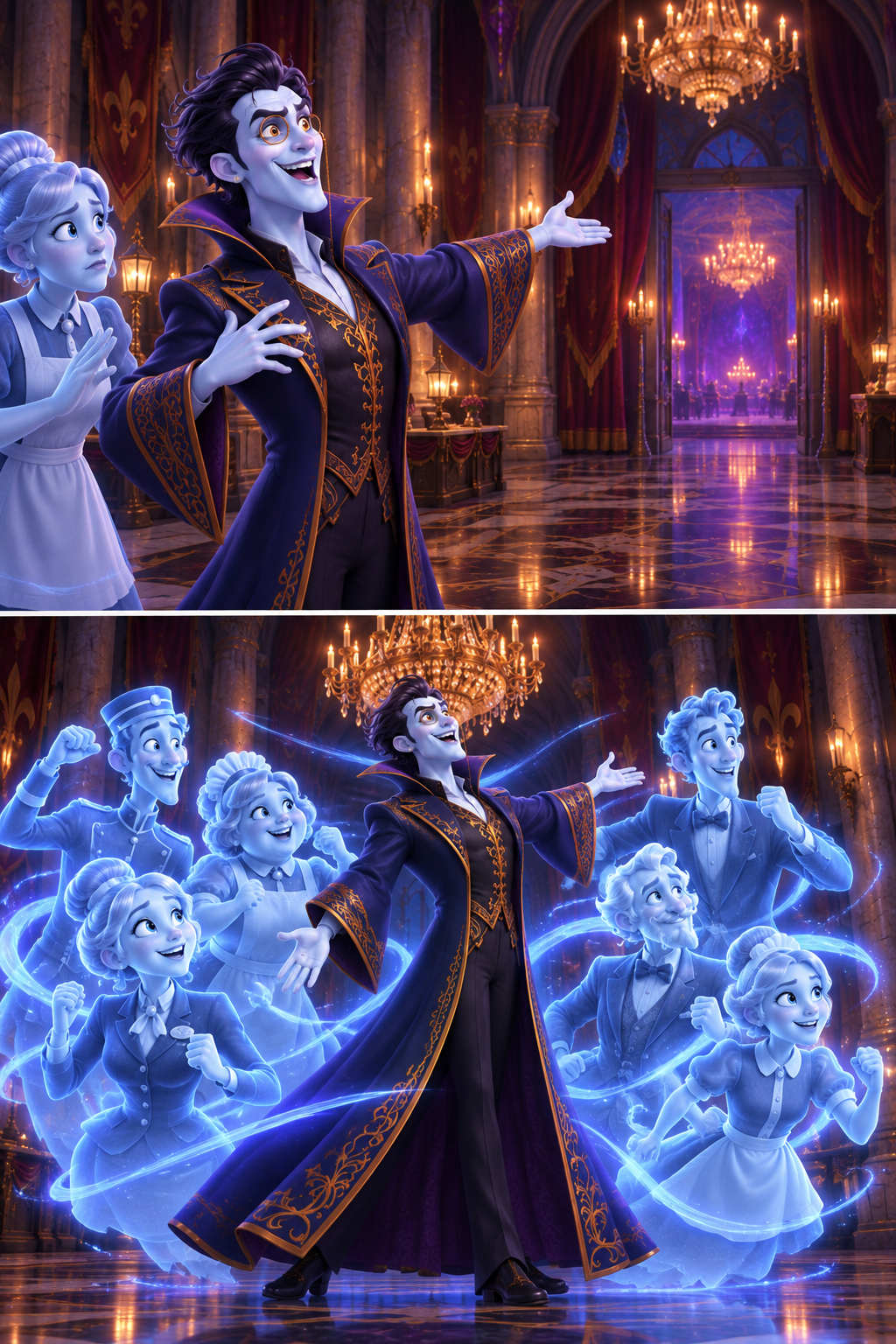 Abaddon ignores Katherine's reprimands, doubling down on his royal vision. He starts pointing towards the ballroom, signaling his 'crew' to begin preparations.