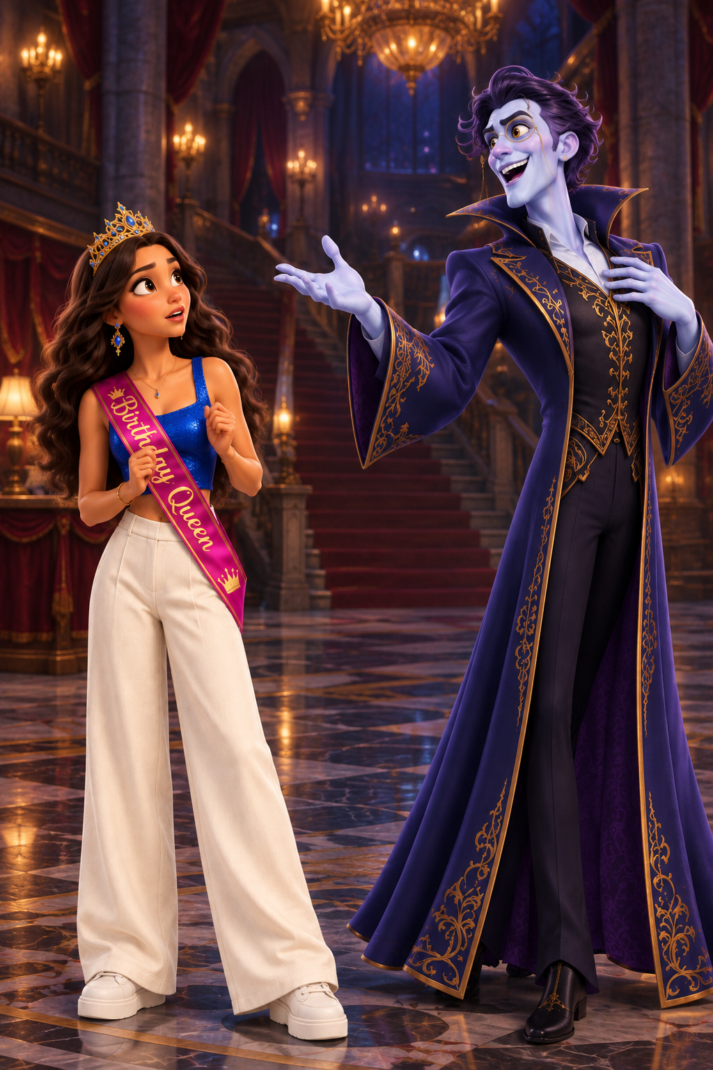 Abaddon rises from his bow, his posture regaining its peak dramatic intensity. He addresses Vanessa directly, his gaze fixed on the sash.