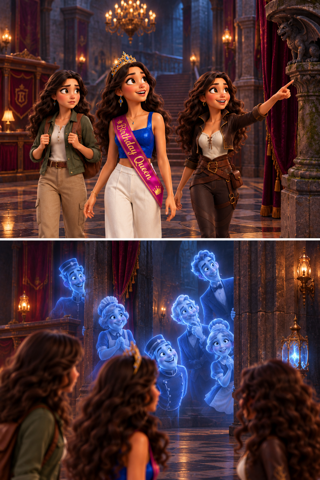 The trio walks further into the lobby. Mel looks nervous, while Vanessa is completely absorbed in the atmosphere. A faint, ethereal glow emanates from the shadowy corners.