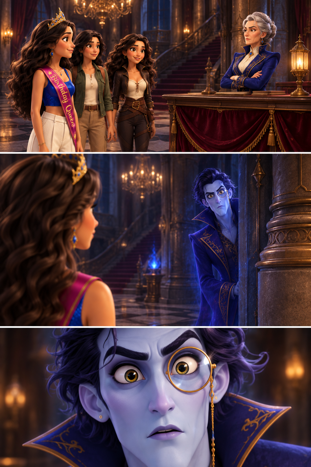 The group approaches the reception desk. Katherine, the hotel manager, is visible, looking impeccably stern, while Abaddon observes them from a distance, his spectral gaze fixed on Vanessa's sash.