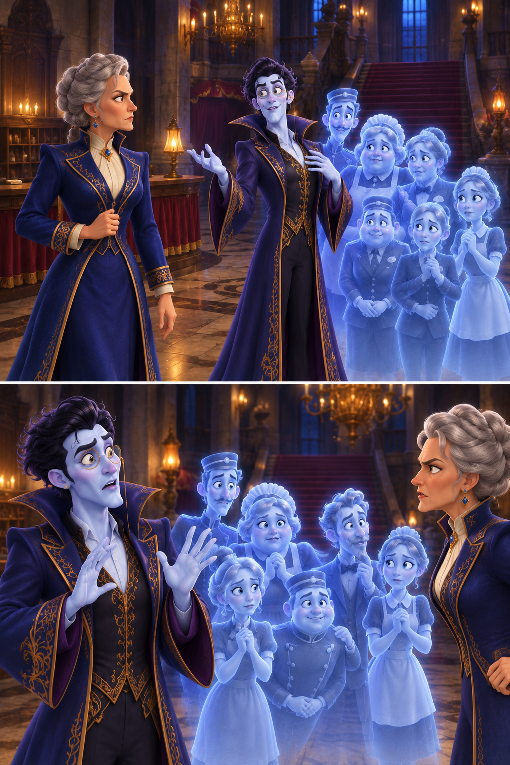 Katherine, the hotel manager, enters the main lobby area, noticing the sudden, unsettling activity and the spectral figures. She is immediately annoyed.
