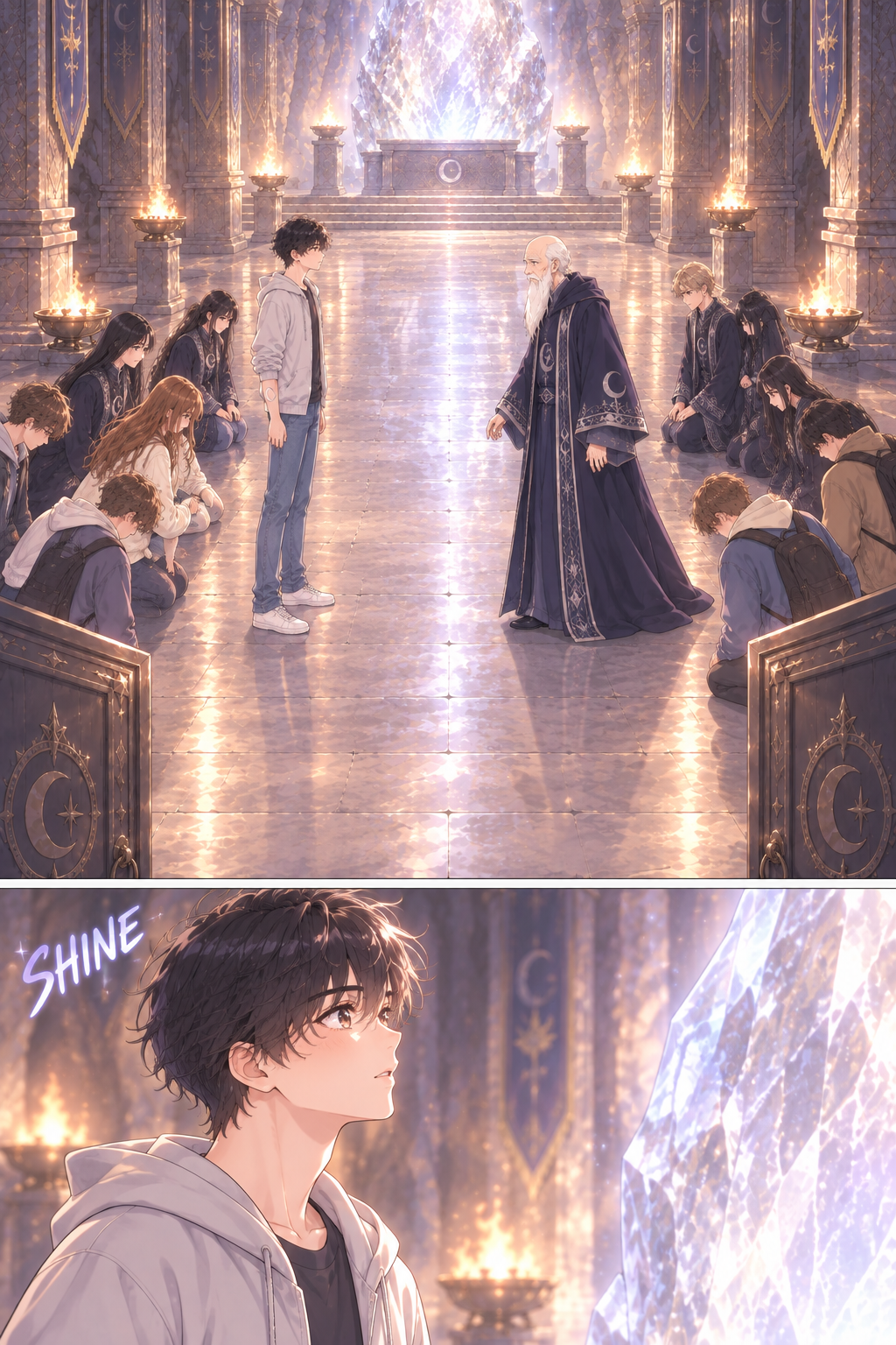 At the second horn everyone kneels except Kelvin. The elder tells them to let him stand.