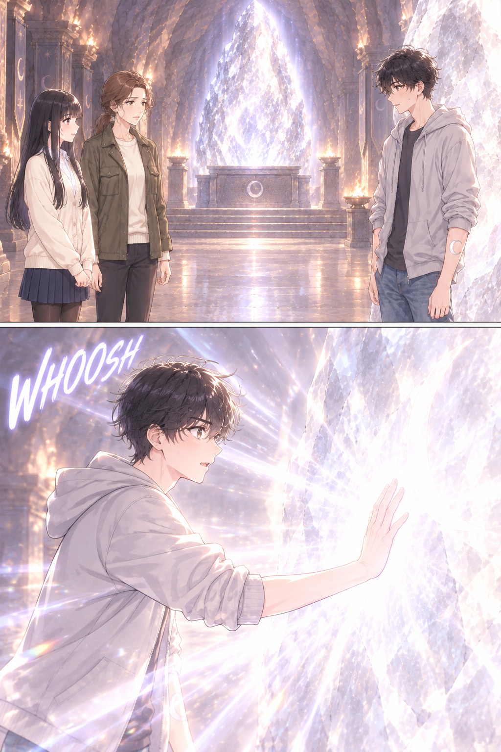 At midnight Ha-eun, beside Kelvin's mother, tells him the stone tests the heart. Then Kelvin touches the glowing Moonstone.