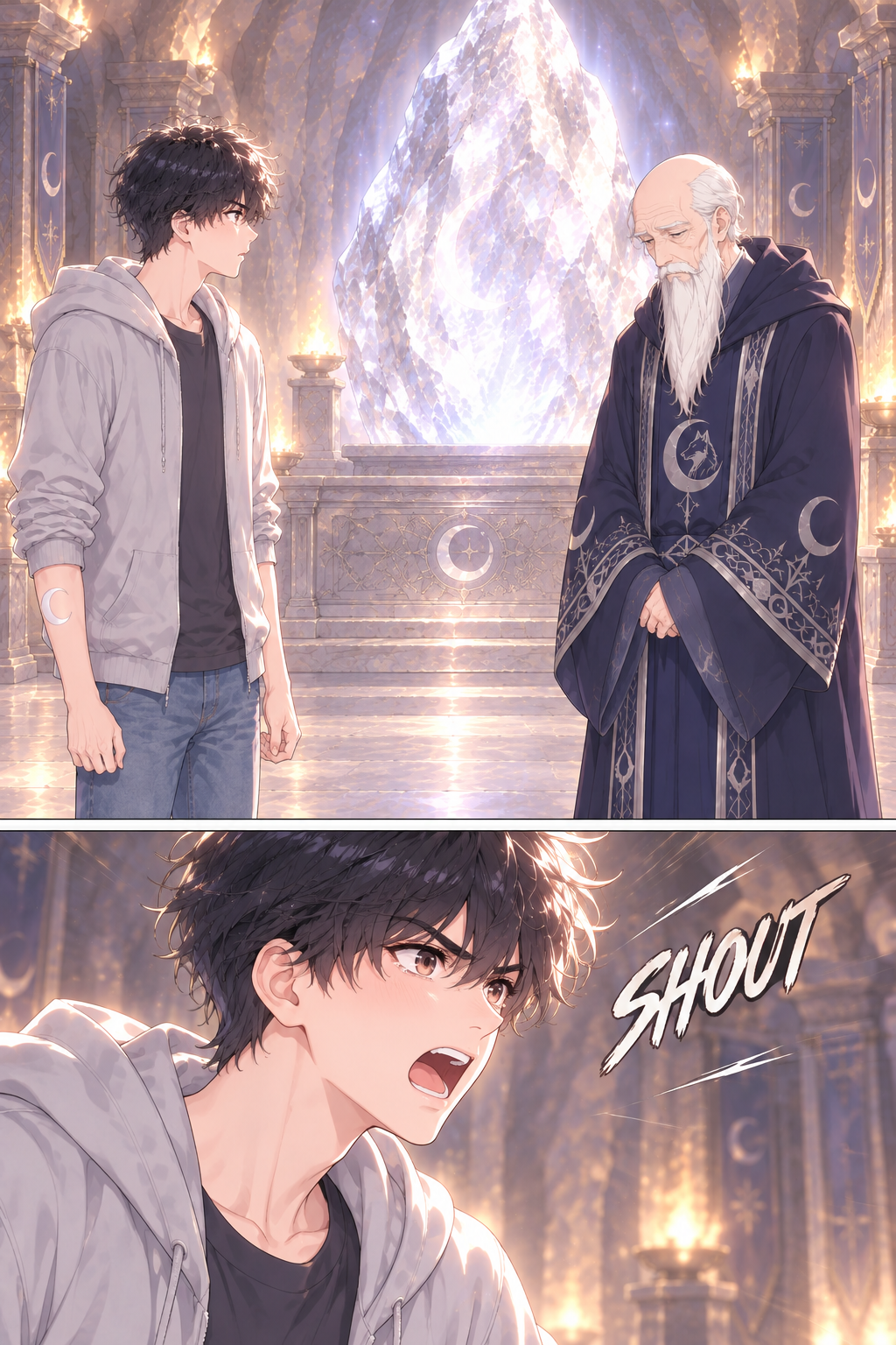 The uncle points the question to the elder by the altar. The elder knows but won't speak, and Kelvin shouts.