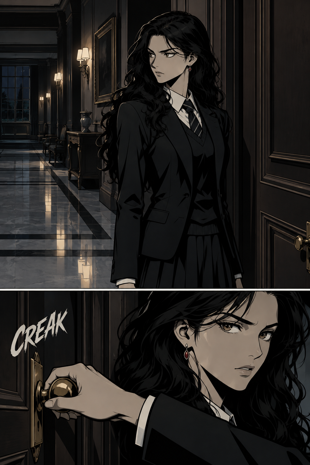 Aurelia reaches her own private wing of the mansion. The door to her room is solid and dark. She pauses, gathering her strength.