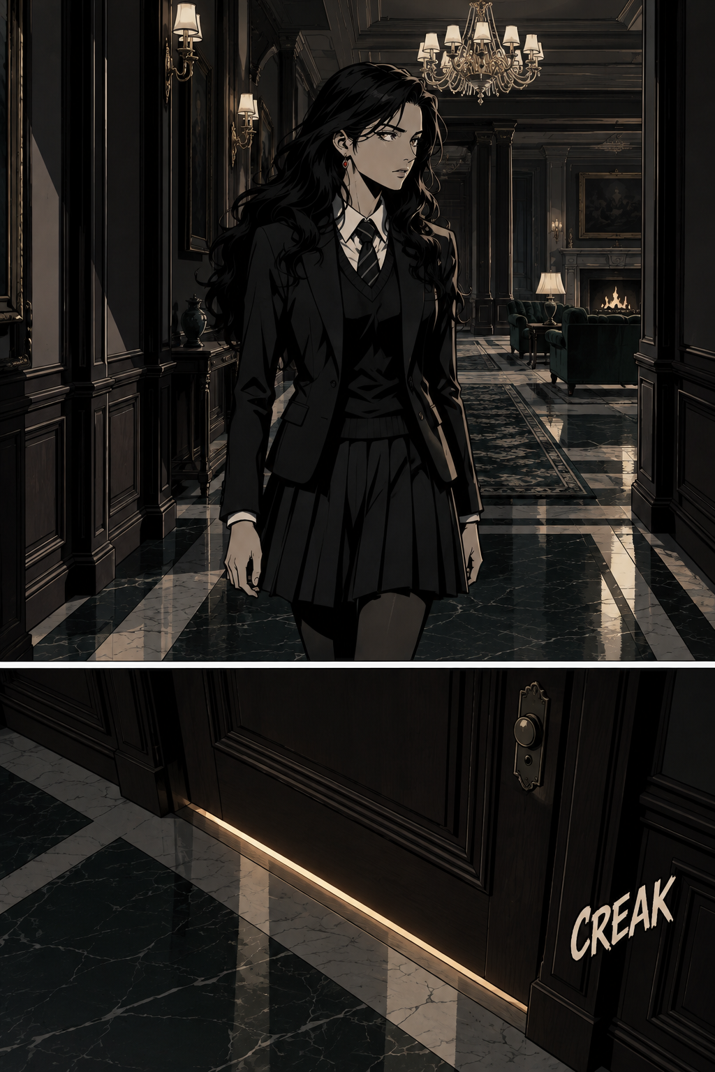 Aurelia moves through the long, dark corridor leading to the main living area. She is still tired, but her focus is beginning to shift.