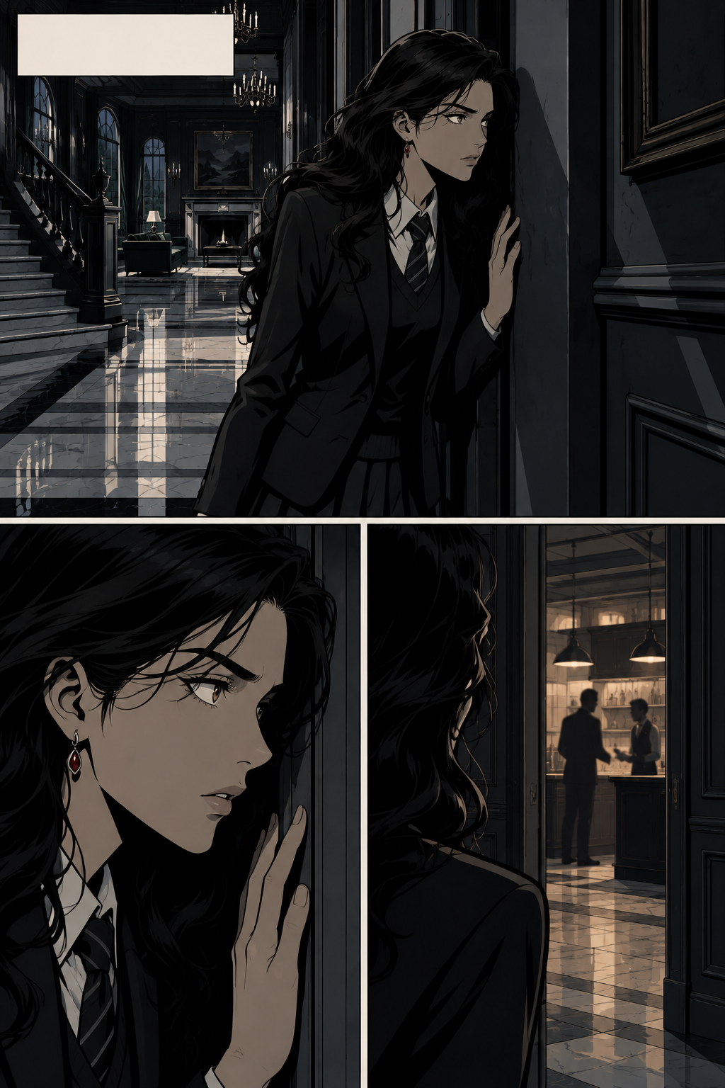 Aurelia stops at the end of the hallway, pressing her ear against the wall near the kitchen entrance. The sound of voices is muffled but distinct.
